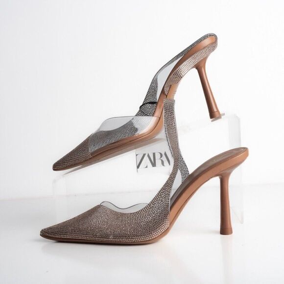 Zara Womens Rose Gold Rhinestone D'Orsay Heels Pumps Vinyl US 6 EU 36 NWT - Picture 5 of 8